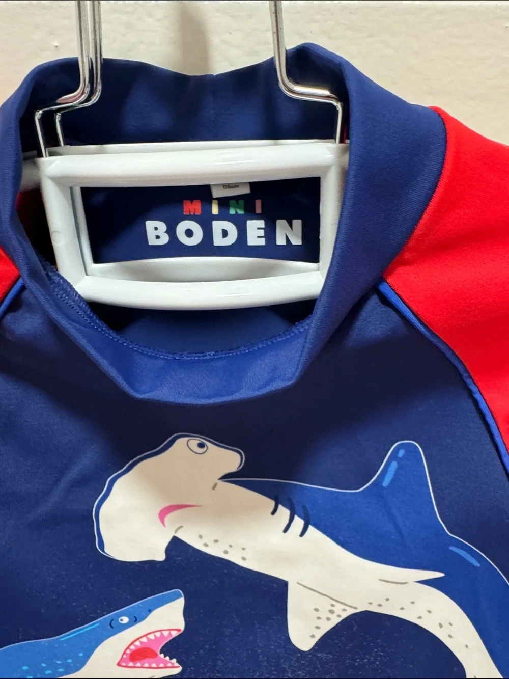 Mini Boden Kids Rash Guard Swim Shirt - Navy & Red Sharks and shorts set